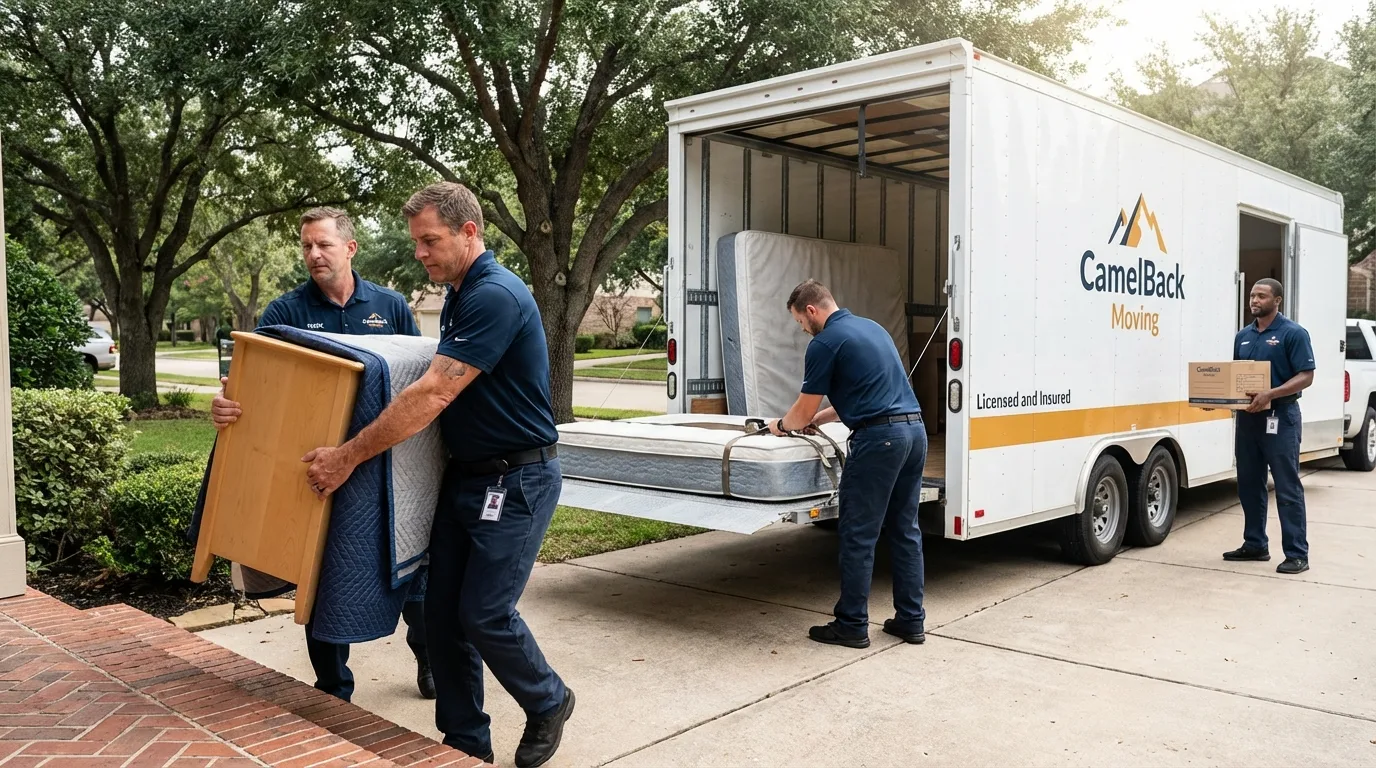 Crew loading residential truck for cross-state move from Porterville, CA