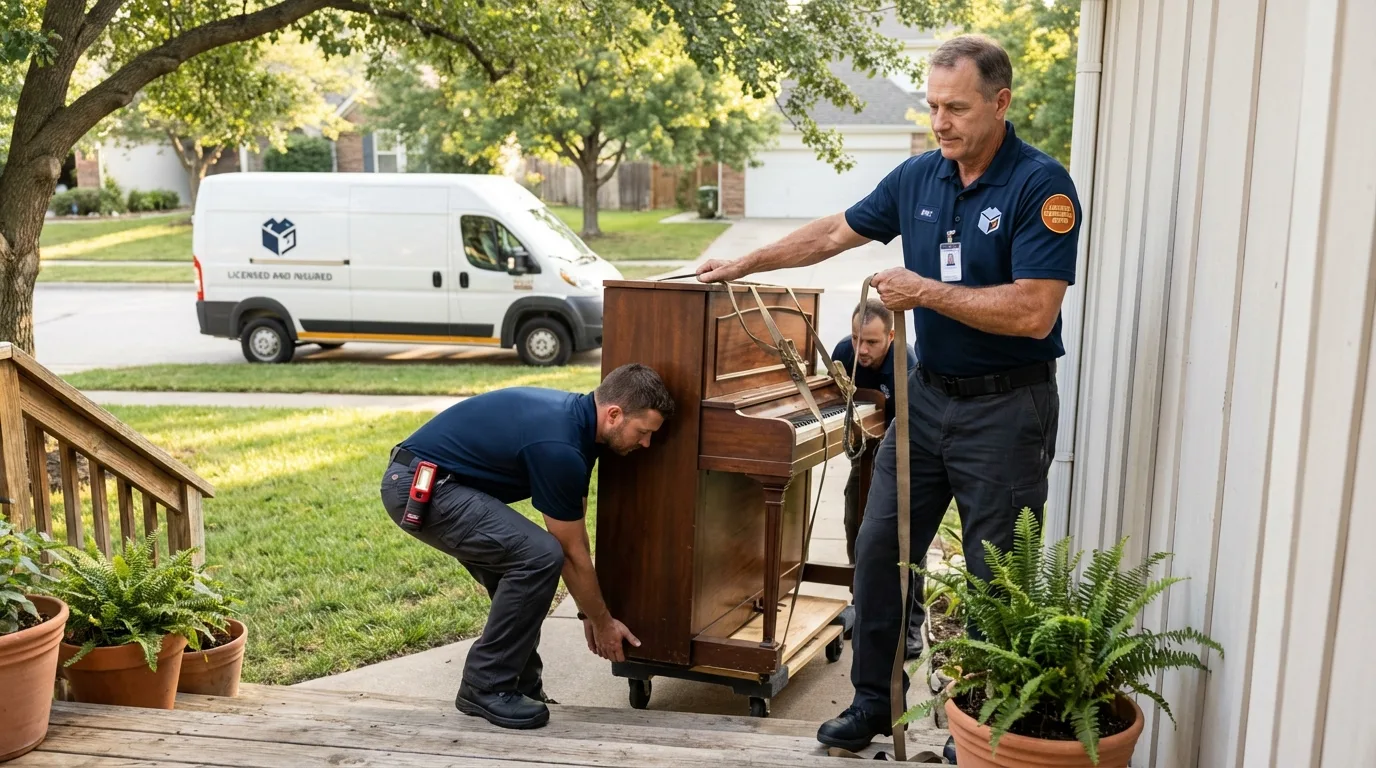 Licensed piano movers securing grand piano in Porterville, CA