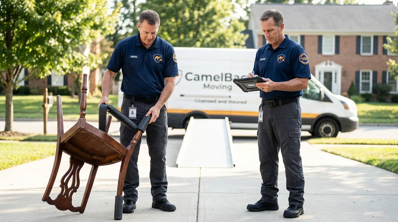 Movers inspecting furniture for damage prevention before loading in Porterville, CA