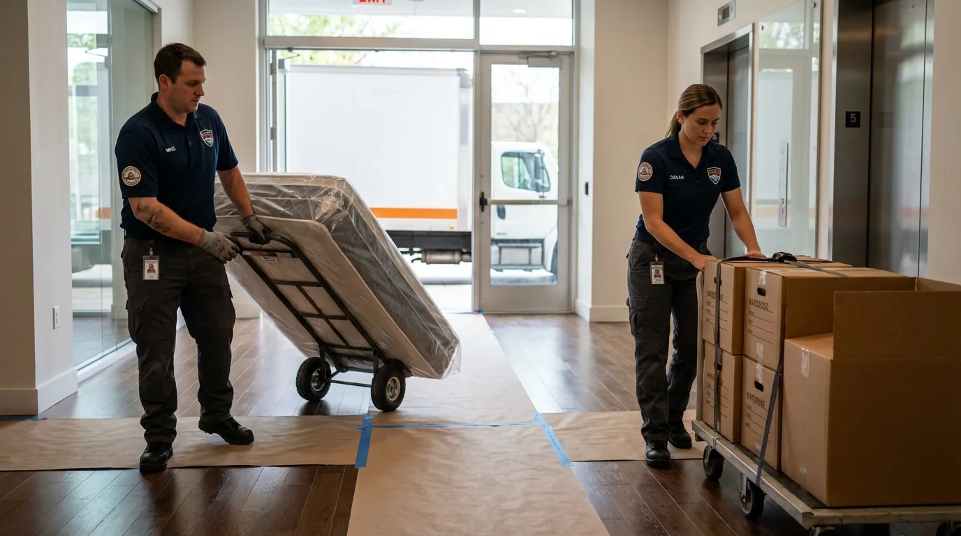 Professional apartment movers loading elevator in Porterville, CA