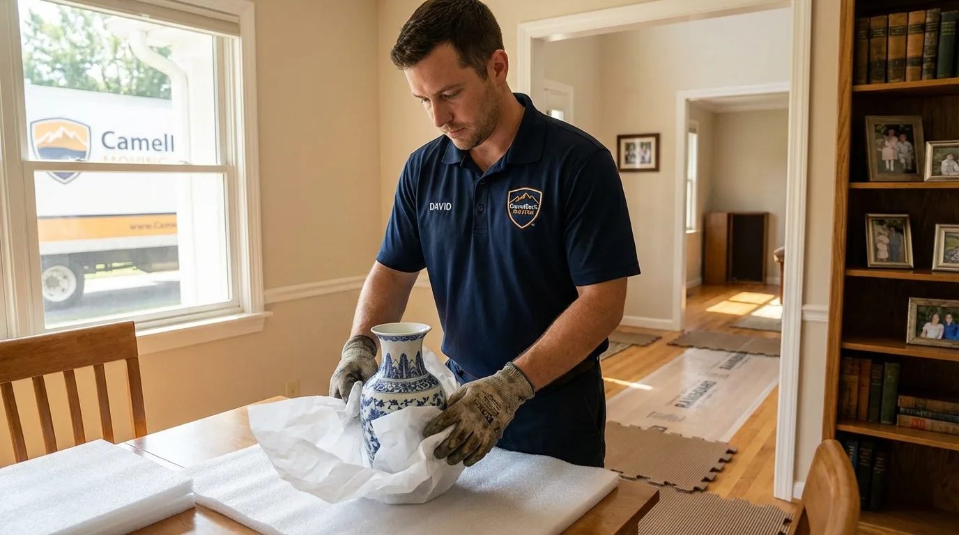 Professional crew carefully wrapping antique vase for senior downsizing move in Porterville, CA